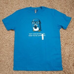 TeeTurtle Penguin Gamer‎ Blue Mens L Short Sleeve Shirt